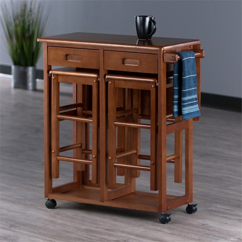Winsome Suzanne Space Saver Solid Wood Dinette Set with 2 Square Stool in Teak