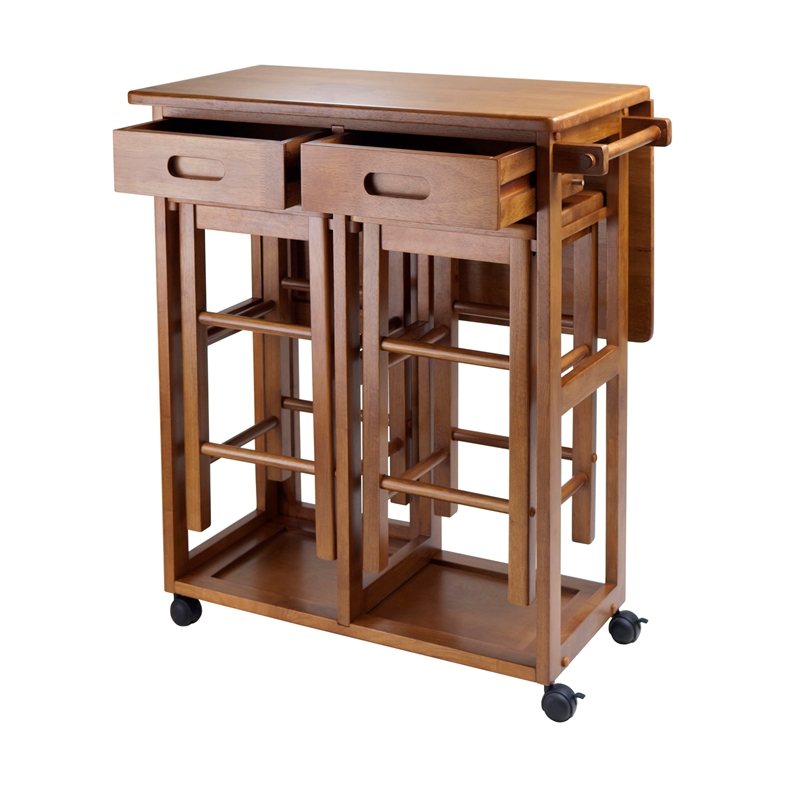 Winsome Suzanne Space Saver Solid Wood Dinette Set with 2 Square Stool in Teak