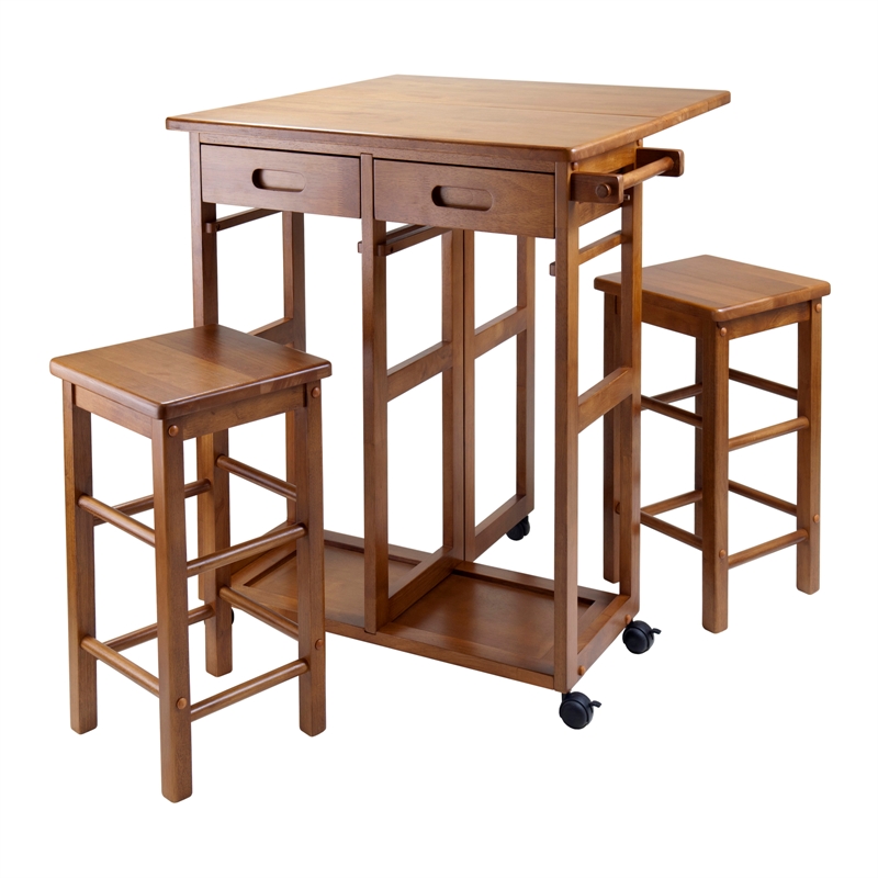 Winsome Suzanne Space Saver Solid Wood Dinette Set with 2 Square Stool in Teak
