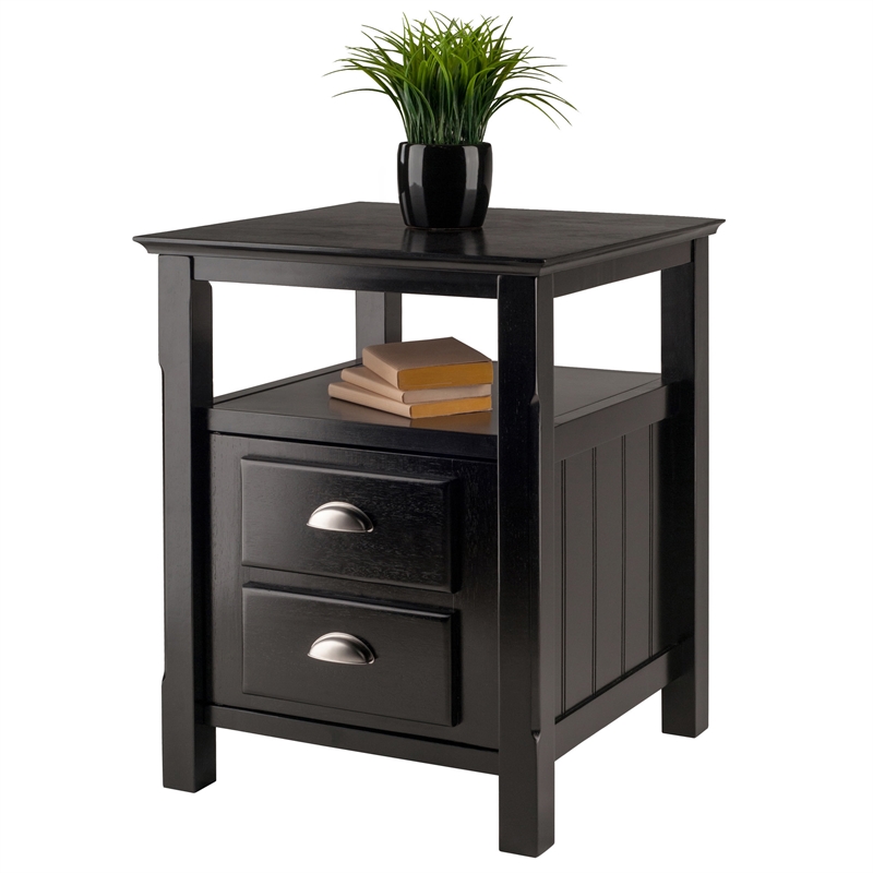 Winsome Timber Transitional Solid Wood Nightstand with 2-Drawer in Black