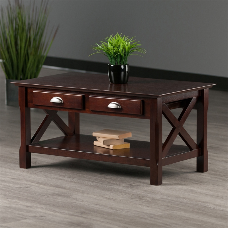 Winsome Xola Transitional Solid Wood Coffee Table with 2 Drawers in Cappuccino