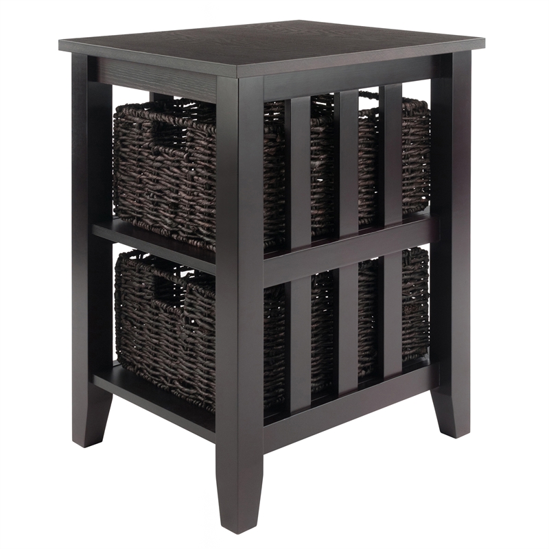Winsome Morris Wood Side Table with 2 Foldable Baskets in Espresso