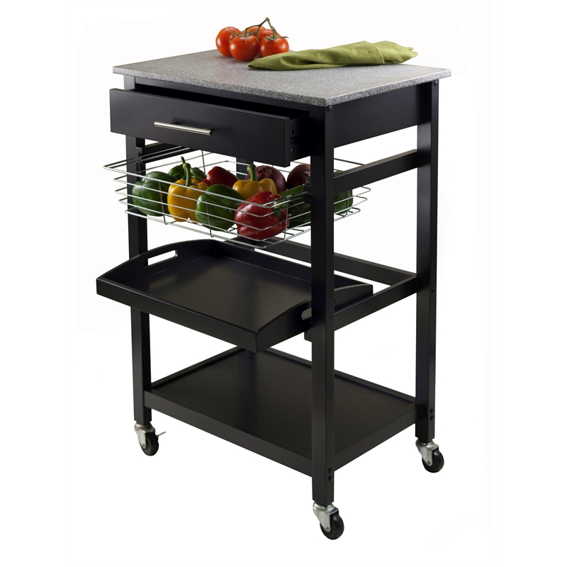 Winsome Julia Utility Transitional Solid Wood Kitchen Cart in Black Granite Top
