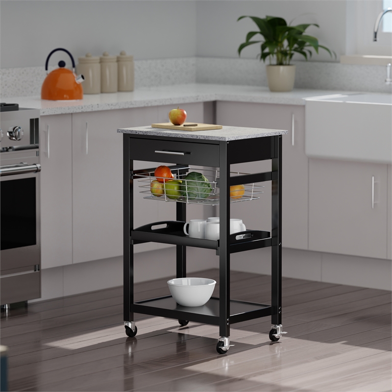 Winsome Julia Utility Transitional Solid Wood Kitchen Cart in Black Granite Top