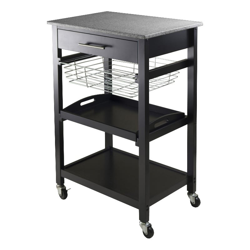 Winsome Julia Utility Transitional Solid Wood Kitchen Cart in Black Granite Top