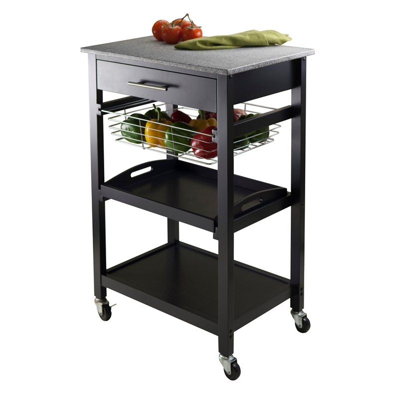 Winsome Julia Utility Transitional Solid Wood Kitchen Cart in Black Granite Top