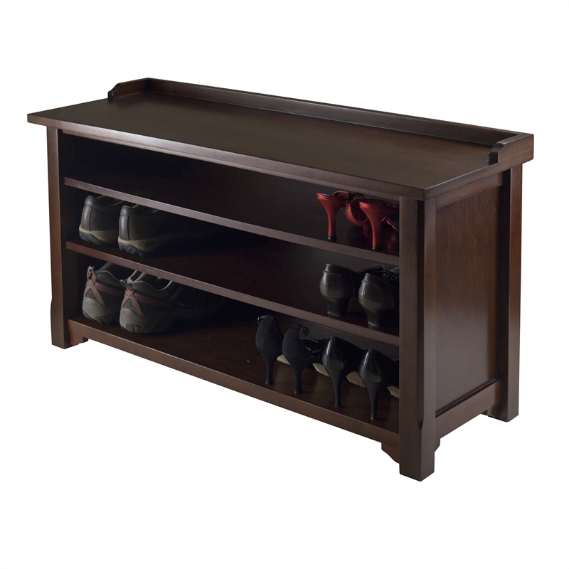 Winsome Dayton Storage Hall Bench Solid Wood Shoe Rack with Shelves in Walnut