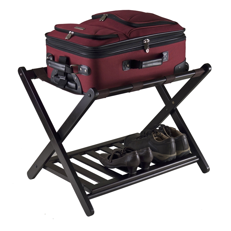 Winsome Reese Foldable Solid Wood Luggage Rack with Shelf in Dark Espresso
