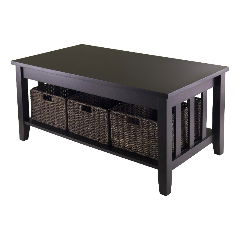 Winsome Morris Solid Wood Coffee Table with Three Foldable Baskets in Espresso
