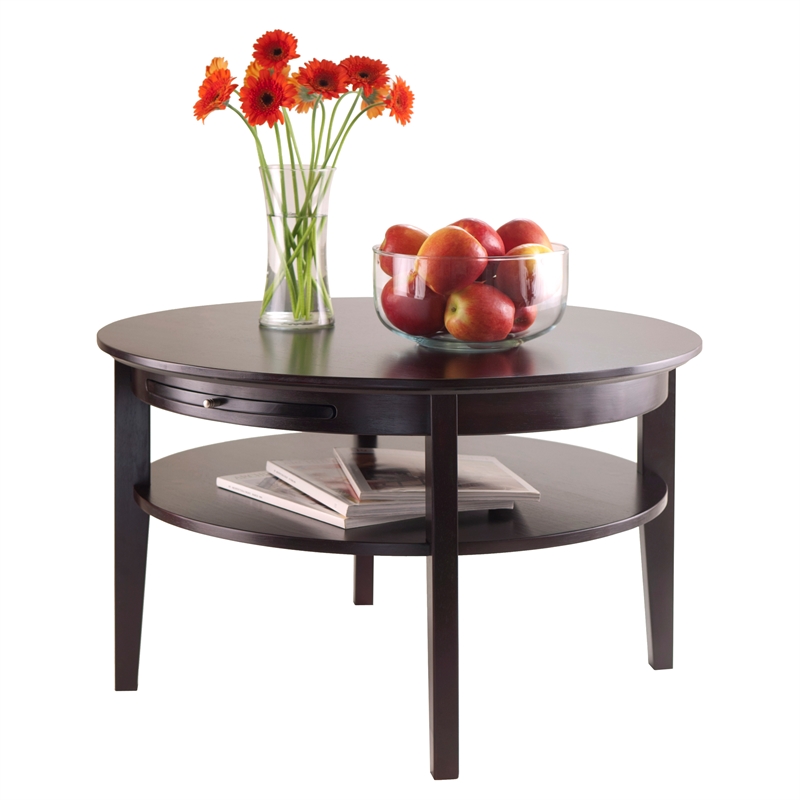 Winsome Amelia Round Solid Wood Coffee Table with Pull out Tray in Dark Espresso