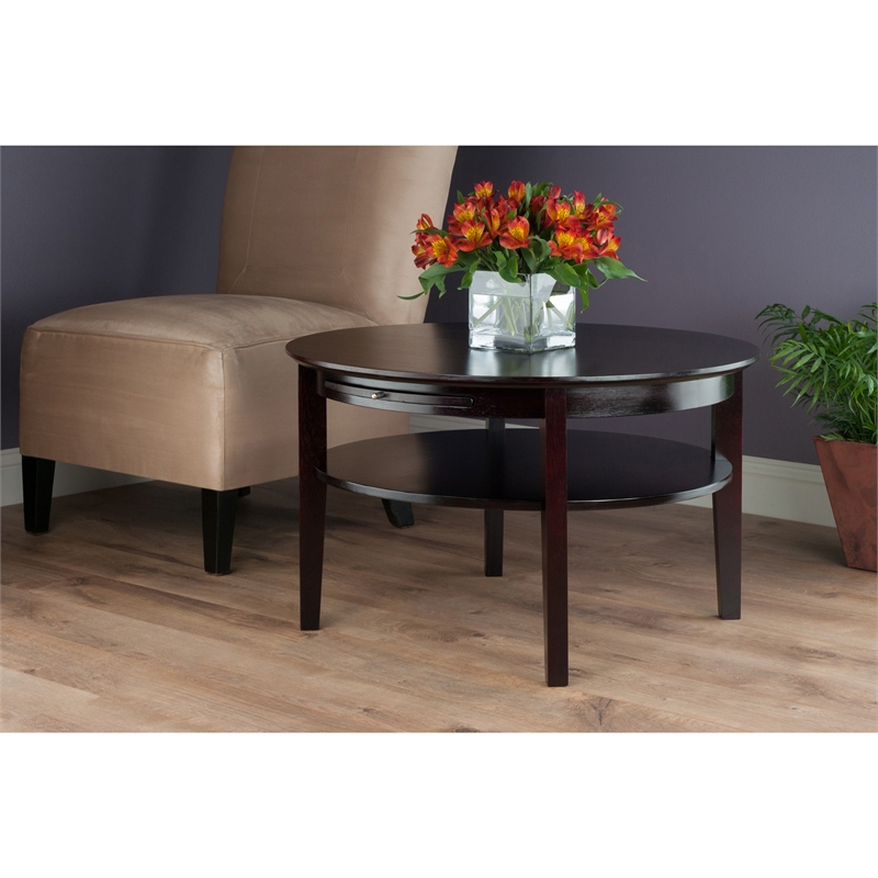 Winsome Amelia Round Solid Wood Coffee Table with Pull out Tray in Dark Espresso