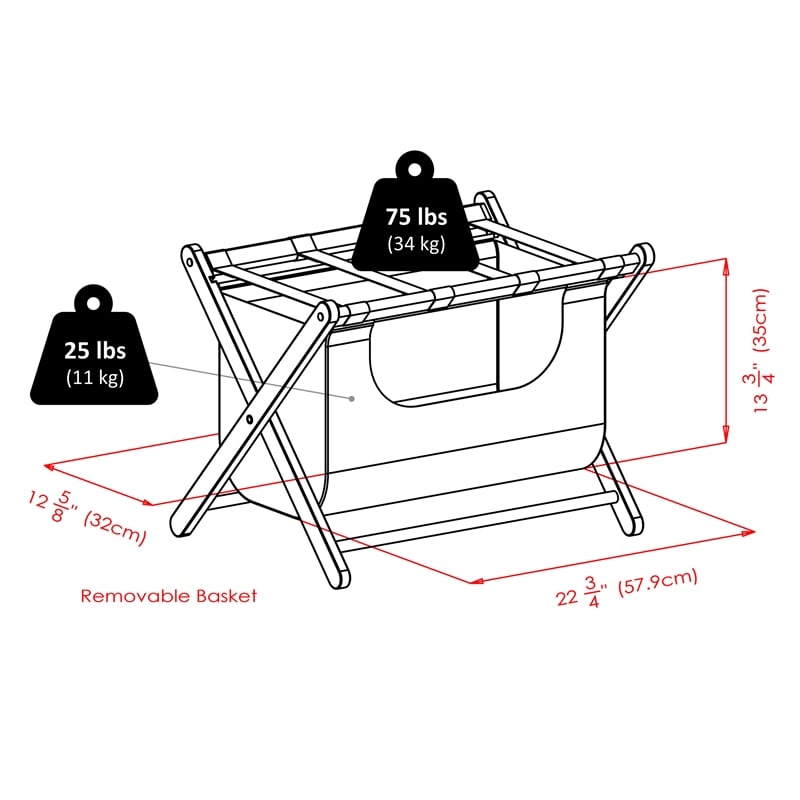 Winsome Dora Transitional Solid Wood Luggage Rack with Fabric Basket in Espresso