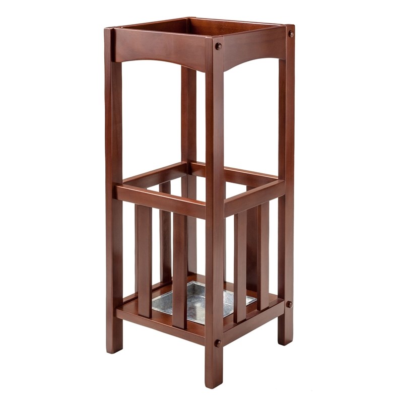 Winsome Rex Transitional Solid Wood Umbrella Stand with Metal Tray in Walnut