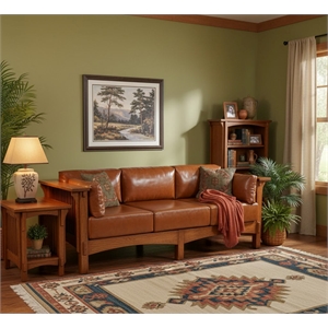Crafters and Weavers Arts and Crafts Leather Sofa in Brown/Russet