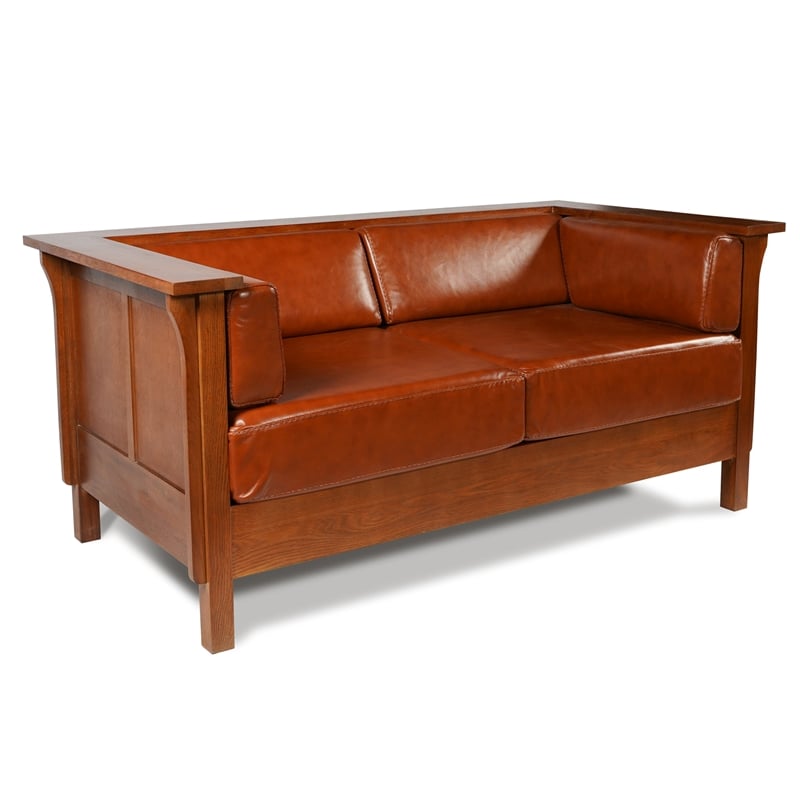 Crafters and Weavers Arts and Crafts Leather Side Loveseat in Russet Brown