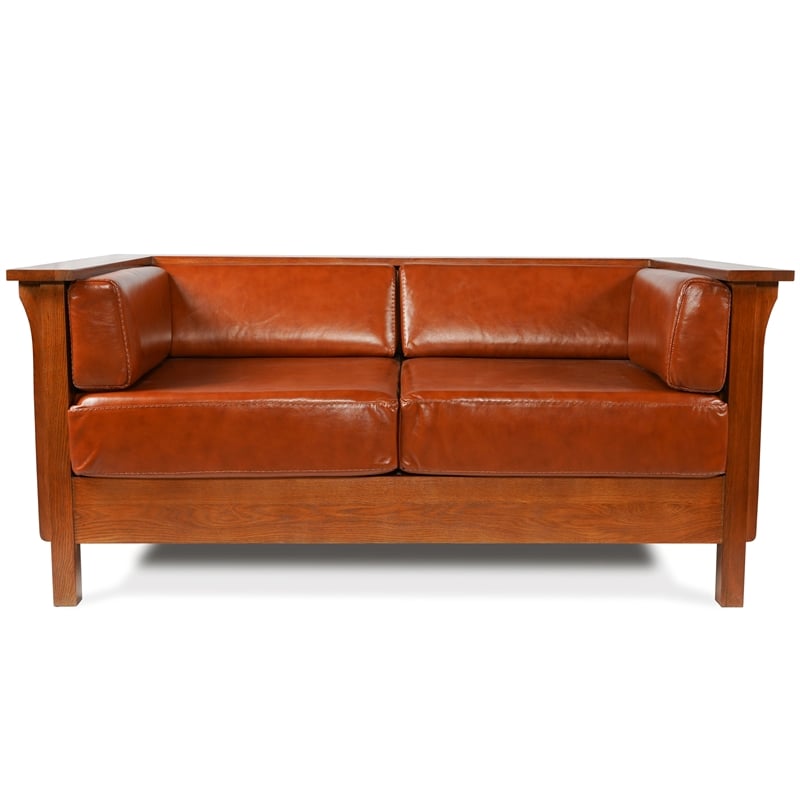 Crafters and Weavers Arts and Crafts Leather Side Loveseat in Russet Brown