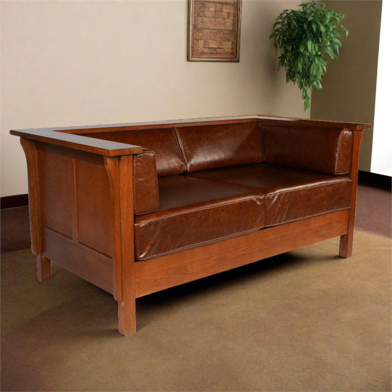 Crafters and Weavers Arts and Crafts Leather Side Loveseat in Chestnut Brown