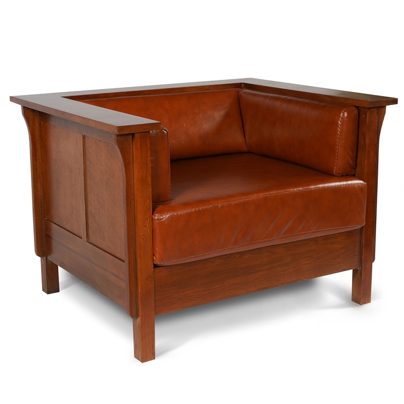 Crafters and Weavers Arts and Crafts Leather Panel Arm Chair in Russet Brown