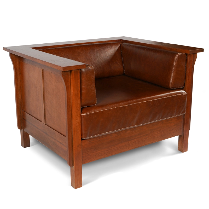 Crafters and Weavers Arts and Crafts Leather Panel Side Arm Chair in Chestnut