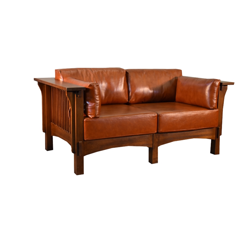 Crafters and Weavers Arts and Crafts Leather Loveseat in Chestnut