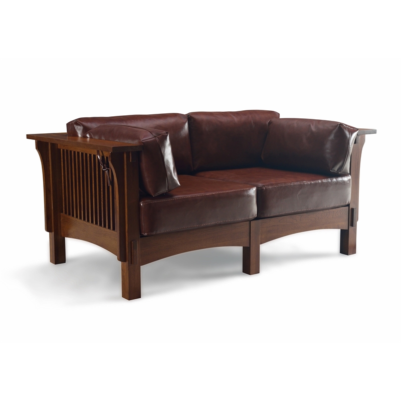 Crafters and Weavers Arts and Crafts Leather Loveseat in Chestnut