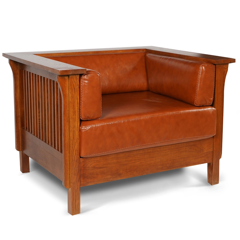 Crafters and Weavers Arts and Crafts Leather Slat Side Arm Chair in Russet Brown