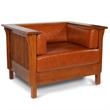 Crafters and Weavers Arts and Crafts Leather Slat Side Arm Chair in Russet Brown