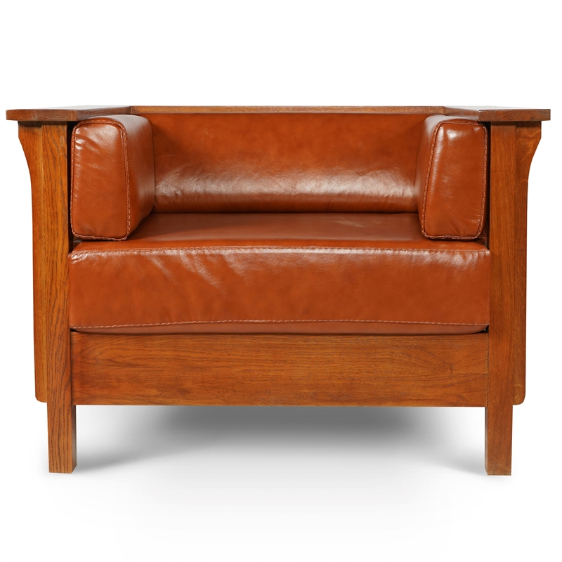 Crafters and Weavers Arts and Crafts Leather Slat Side Arm Chair in Russet Brown