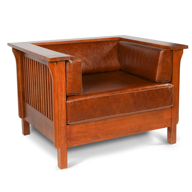 Crafters and Weavers Arts and Crafts Leather Slat Side Arm Chair in Chestnut
