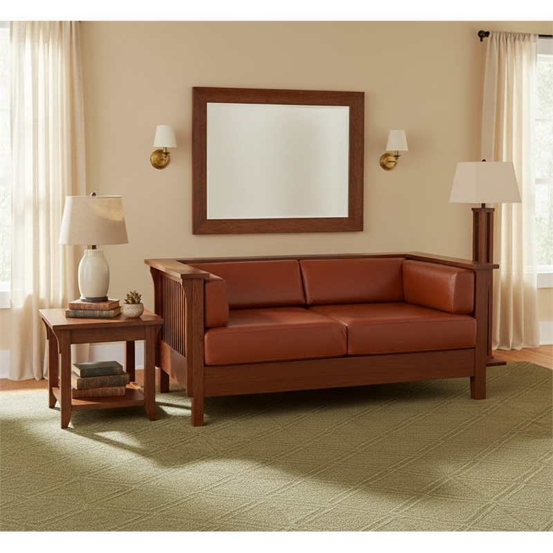 Crafters and Weavers Arts and Crafts Leather Slat Side Loveseat in Russet Brown