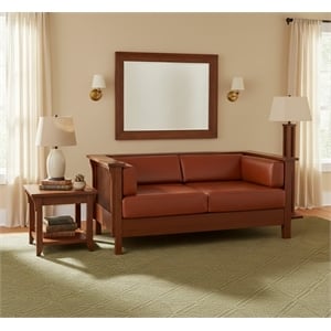Crafters and Weavers Arts and Crafts Leather Slat Side Loveseat in Russet Brown