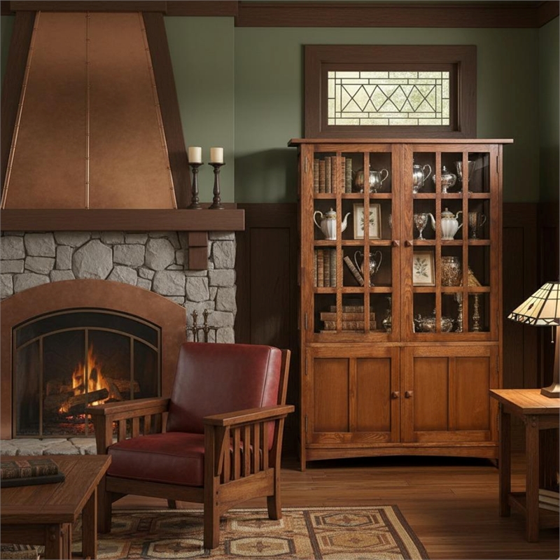 Crafters and Weavers Arts and Crafts Solid Wood Display China Cabinet in Walnut