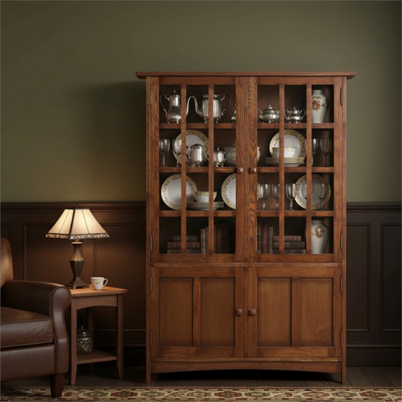 Crafters and Weavers Arts and Crafts Solid Wood Display China Cabinet in Walnut