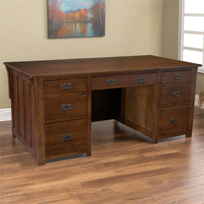 Crafters and Weavers Arts and Crafts Wood Library Desk w/ File Cabinet in Walnut