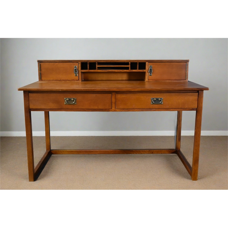Crafters and Weavers Arts and Crafts Wood Library Table with Hutch in Walnut