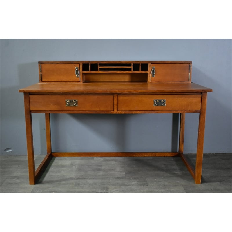 Crafters and Weavers Arts and Crafts Wood Library Table with Hutch in Walnut