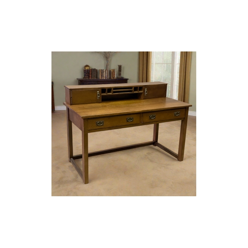 Crafters and Weavers Arts and Crafts Wood Library Table with Hutch in Walnut