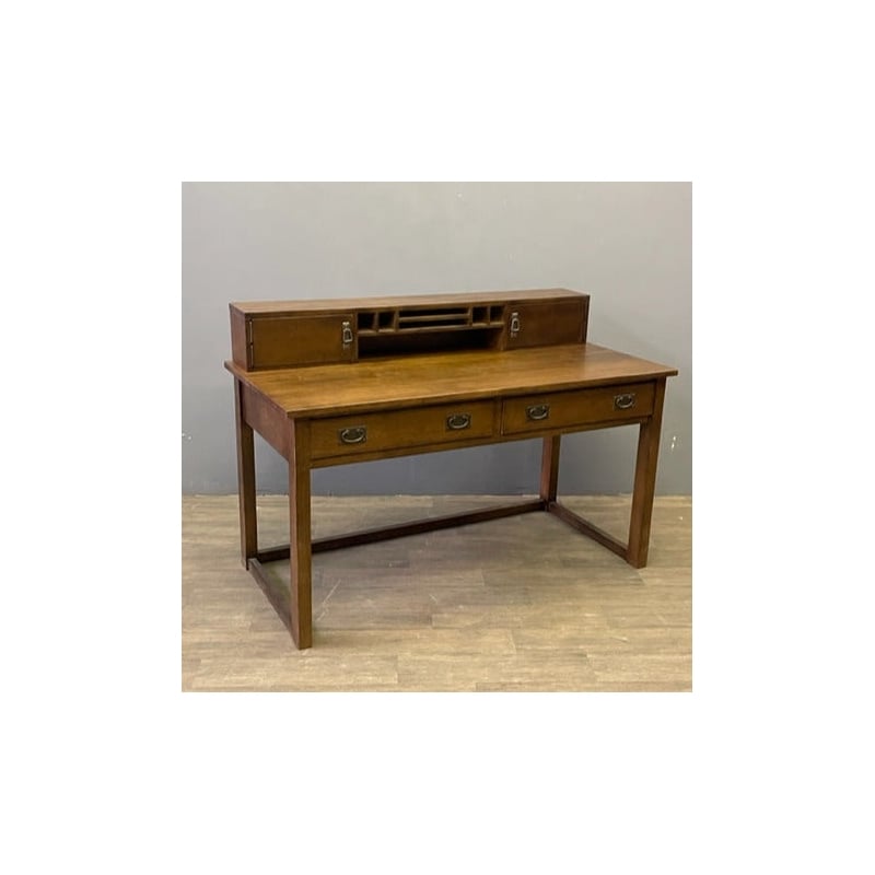 Crafters and Weavers Arts and Crafts Wood Library Table with Hutch in Walnut