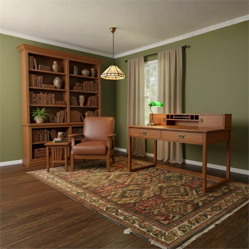 Crafters and Weavers Arts and Crafts Wood Library Table with Hutch in Walnut