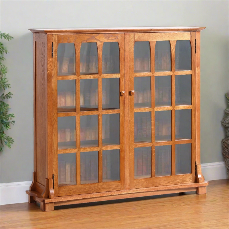Crafters and Weavers Arts and Crafts Wood Double Door Bookcase in Cherry