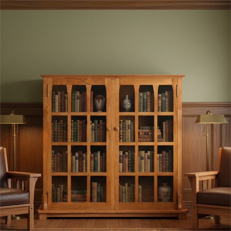 Crafters and Weavers Arts and Crafts Wood Double Door Bookcase in Cherry