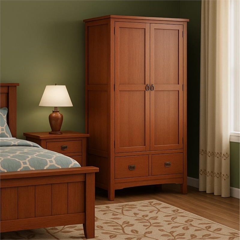 Crafters and Weavers Craftsman Mission 2-Door Solid Wood Armoire in Cherry