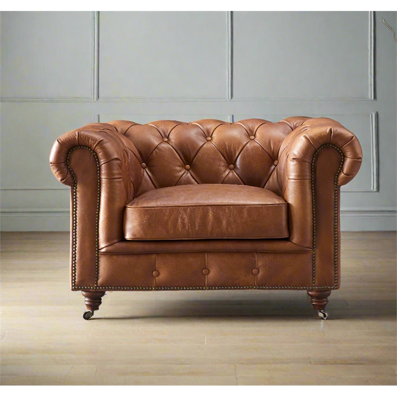 Crafters and Weavers Craftsman Mission Leather Arm Chair in Brown