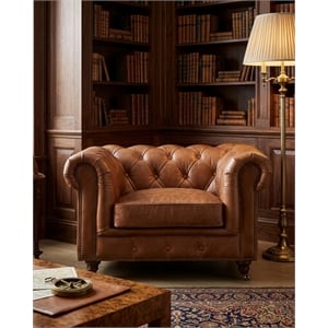 Crafters and Weavers Craftsman Mission Leather Arm Chair in Brown