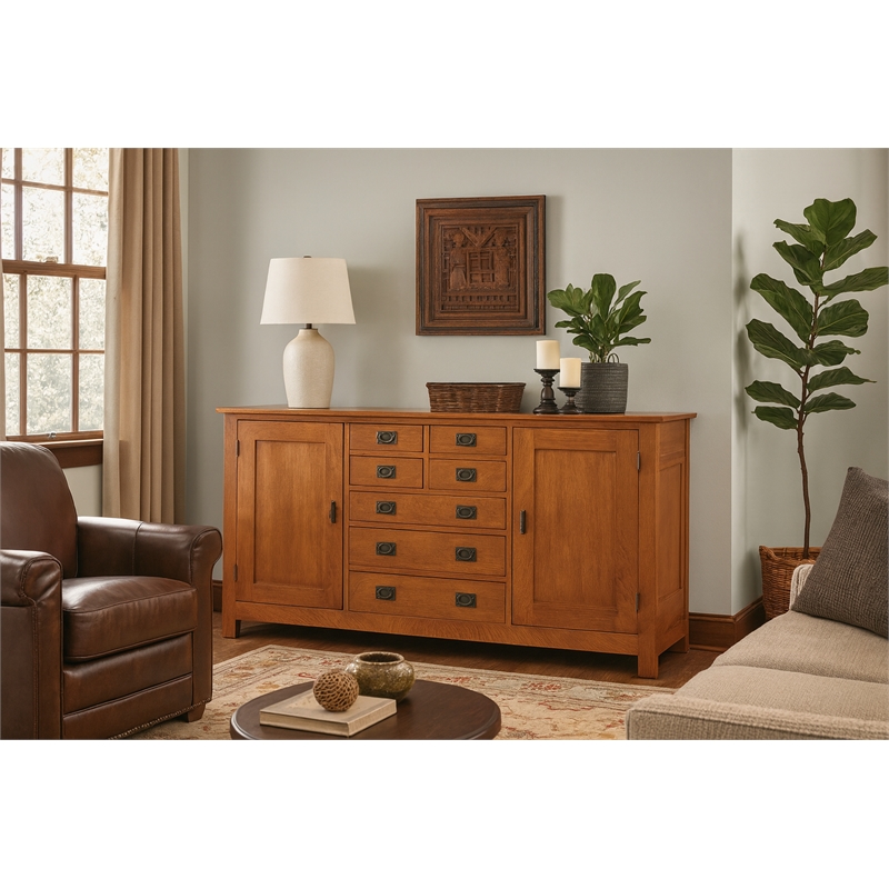 Crafters and Weavers Arts and Crafts 7-Drawer Solid Wood Sideboard in Cherry
