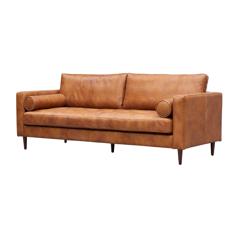 Crafters and Weavers Alamo Contemporary Italian Leather Sofa in Light Brown