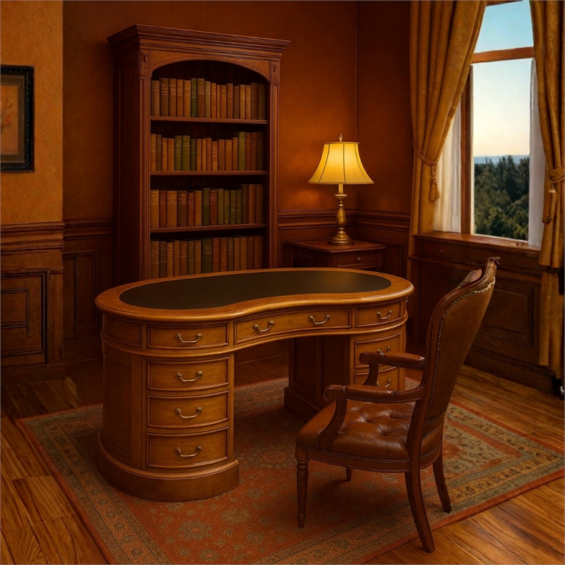Crafters and Weavers Legacy Mahogany Wood Leather Top Kidney Desk Light Walnut