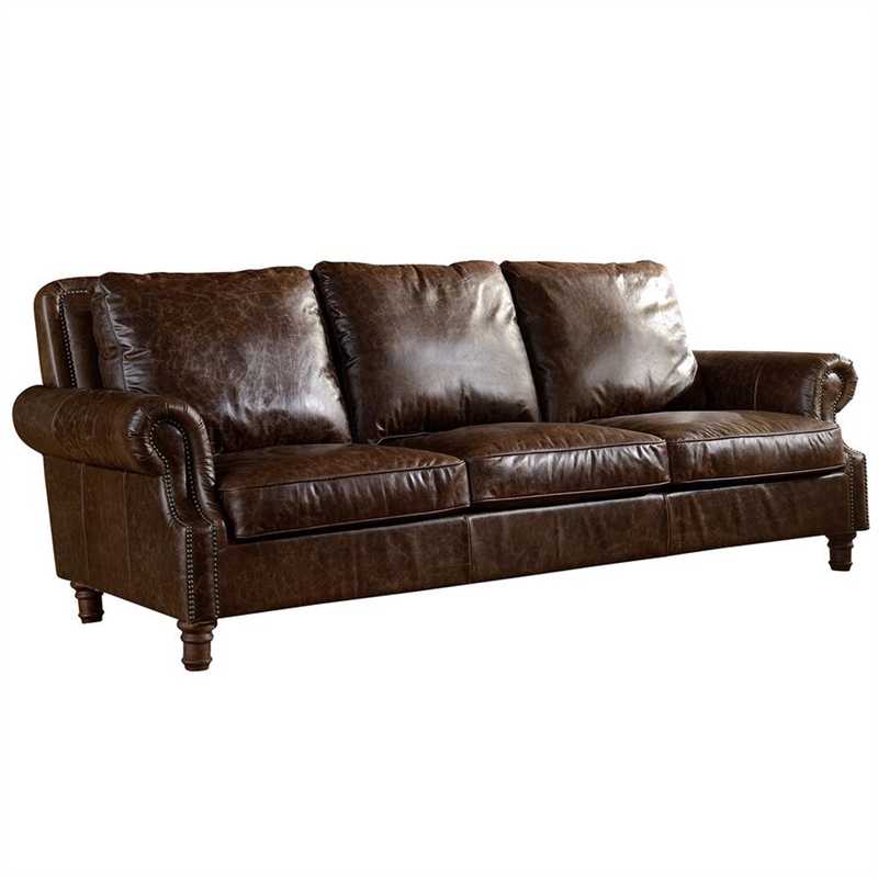 Crafters and Weavers English Rolled Arm Sofa in Dark Brown Leather
