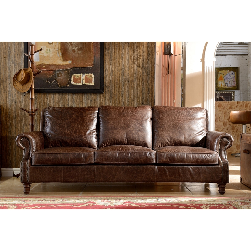 Crafters and Weavers English Rolled Arm Sofa in Dark Brown Leather