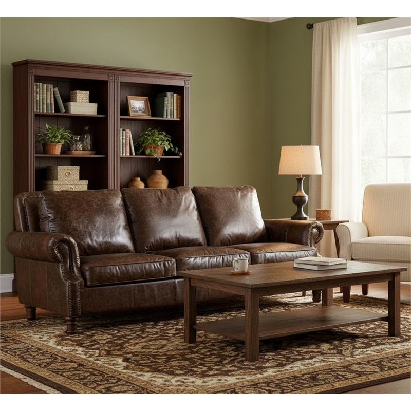 Crafters and Weavers English Rolled Arm Sofa in Dark Brown Leather
